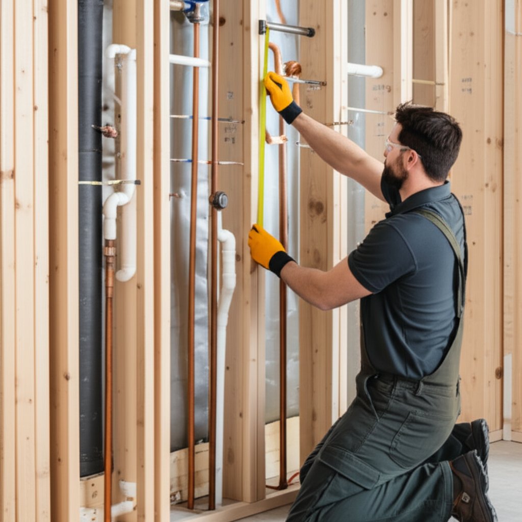 Generate a high-quality, relevant image prompt for an article about: 24″ Plumbing Genius: Frame Wall